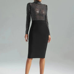 Rhinestones Turtleneck Midi Bodycon Dress