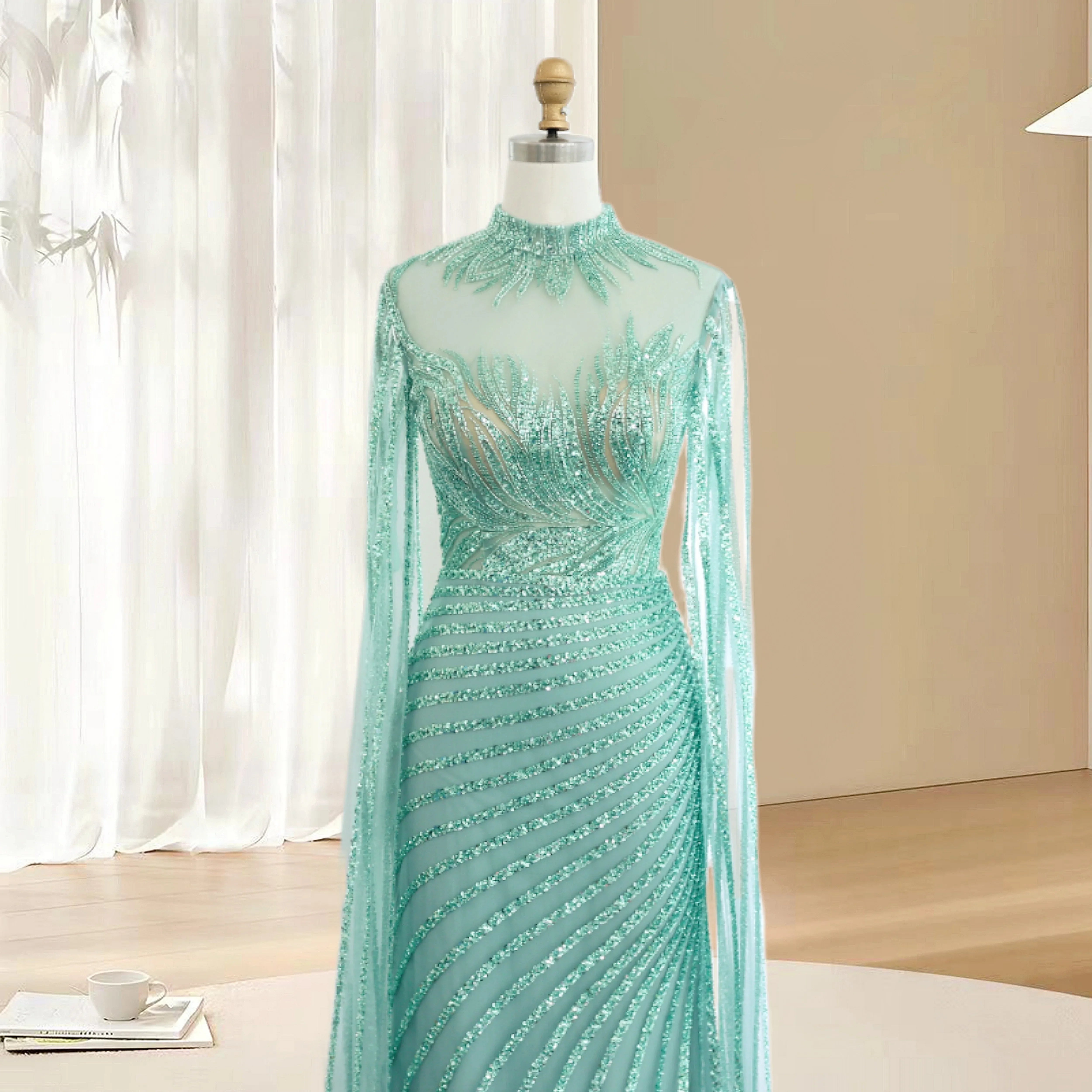 Elegant Beaded Cape Sleeves Evening Gown