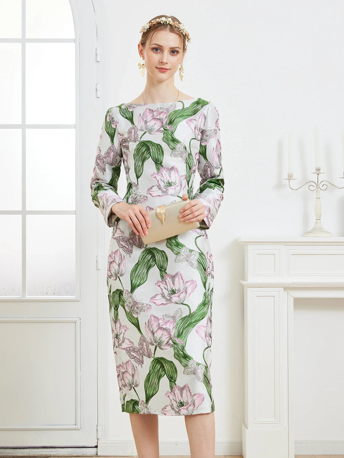 Stunning Floral Jacquard Midi Dress