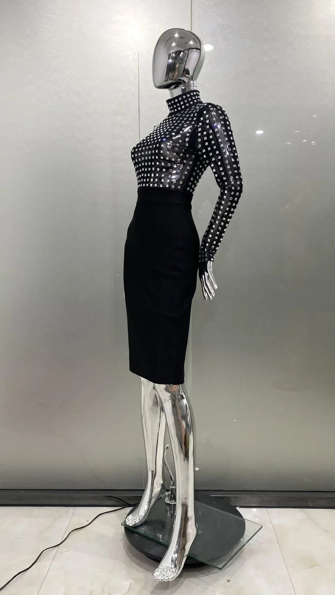 Rhinestones Turtleneck Midi Bodycon Dress