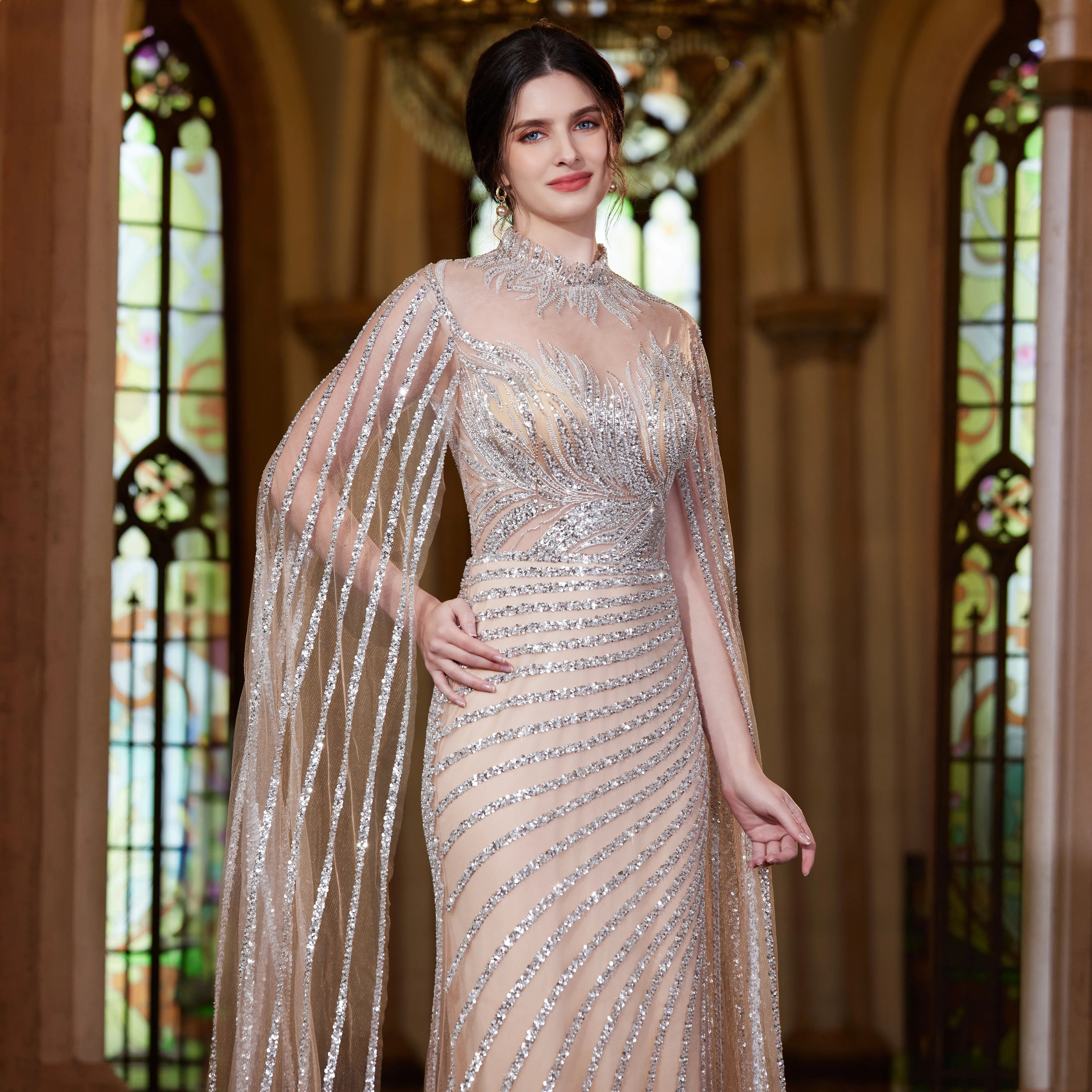 Elegant Beaded Cape Sleeves Evening Gown