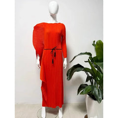 Lapel Pleated Long Sleeve Dress