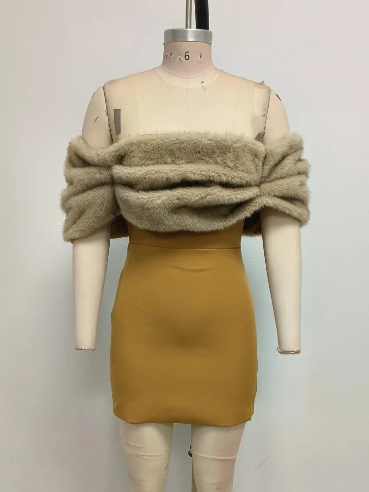 Fur Folds Design Mini Dress