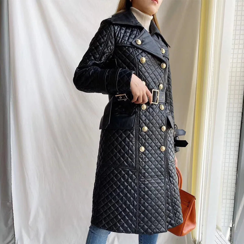 Button-up Belted Sheepskin Leather Trench Coat