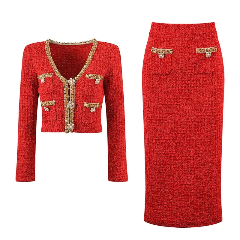 Charming Red Tweed Skirt Set