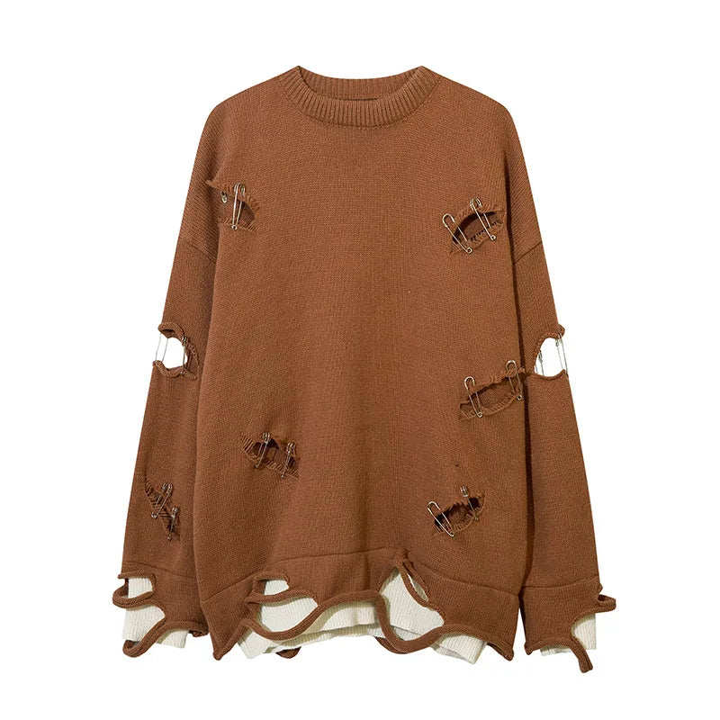 Vintage Pin Ripped Hole Women Jumper