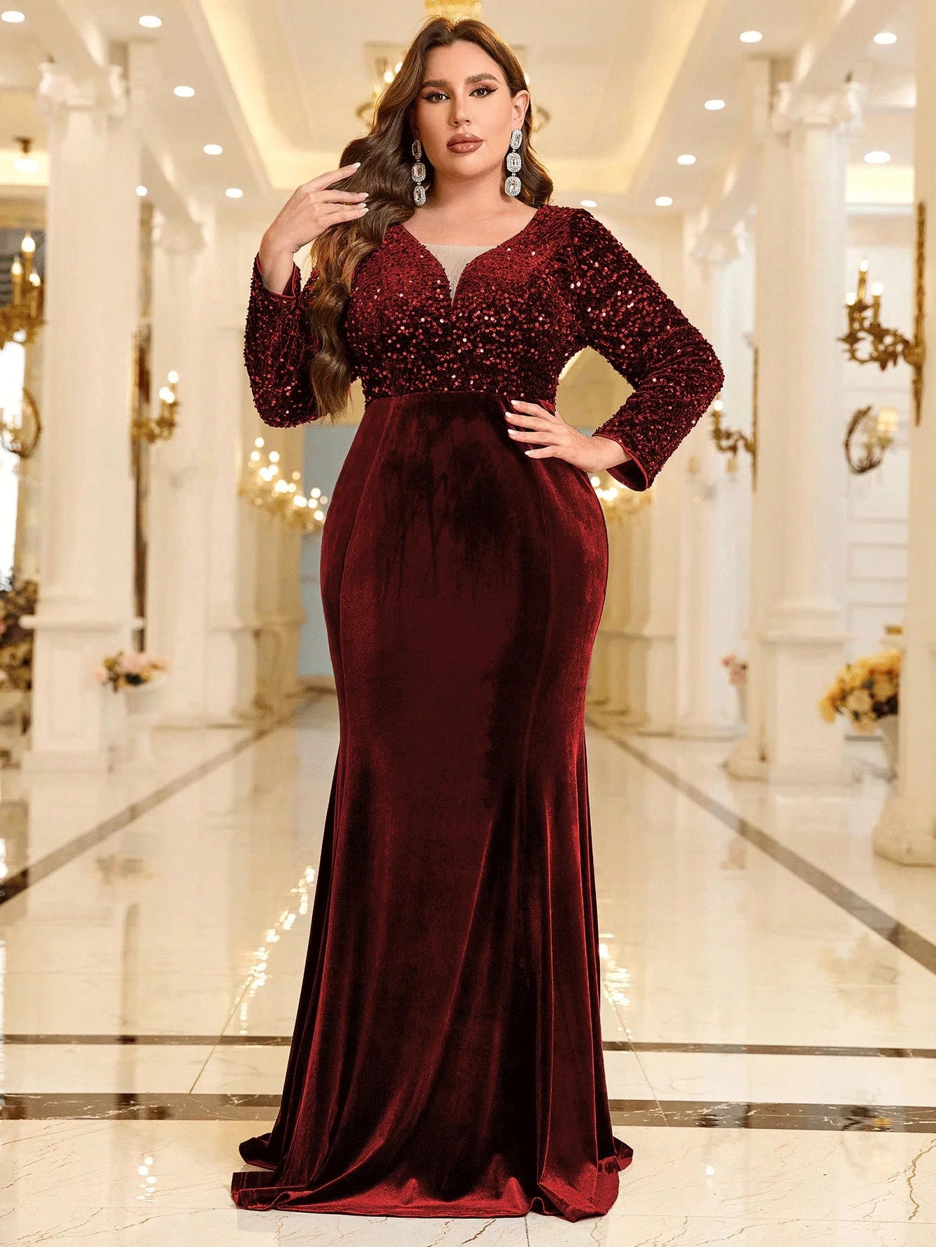Velvet Sequins Plus Size Formal Dress