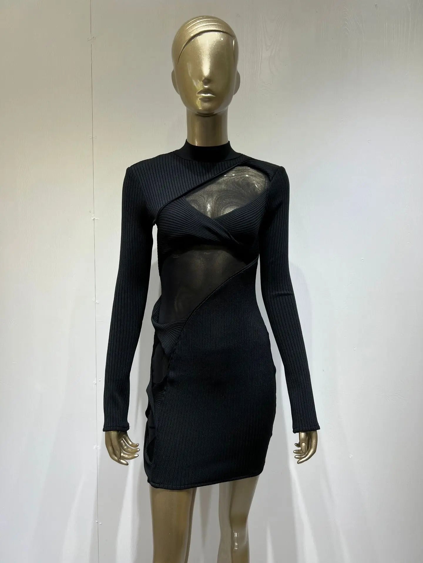 Mesh Turtleneck Mini Bodycon Dress