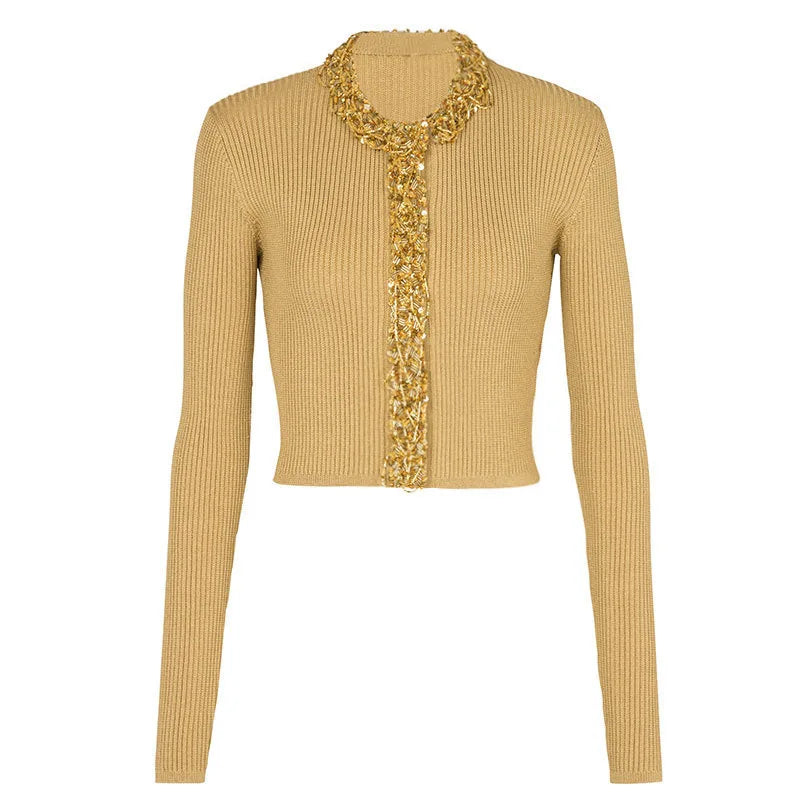 Beaded Knitting Long Sleeve Cardigan
