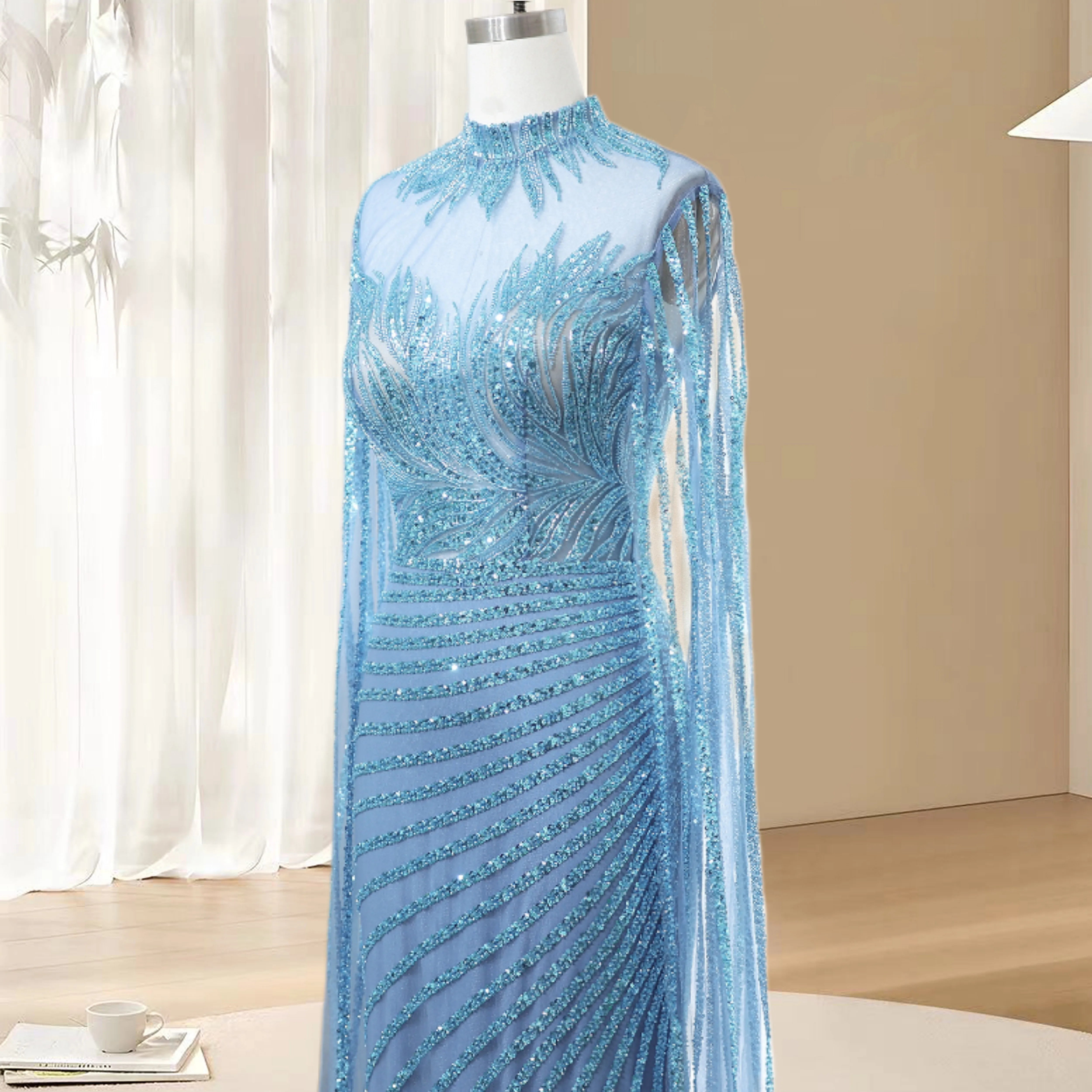 Elegant Beaded Cape Sleeves Evening Gown