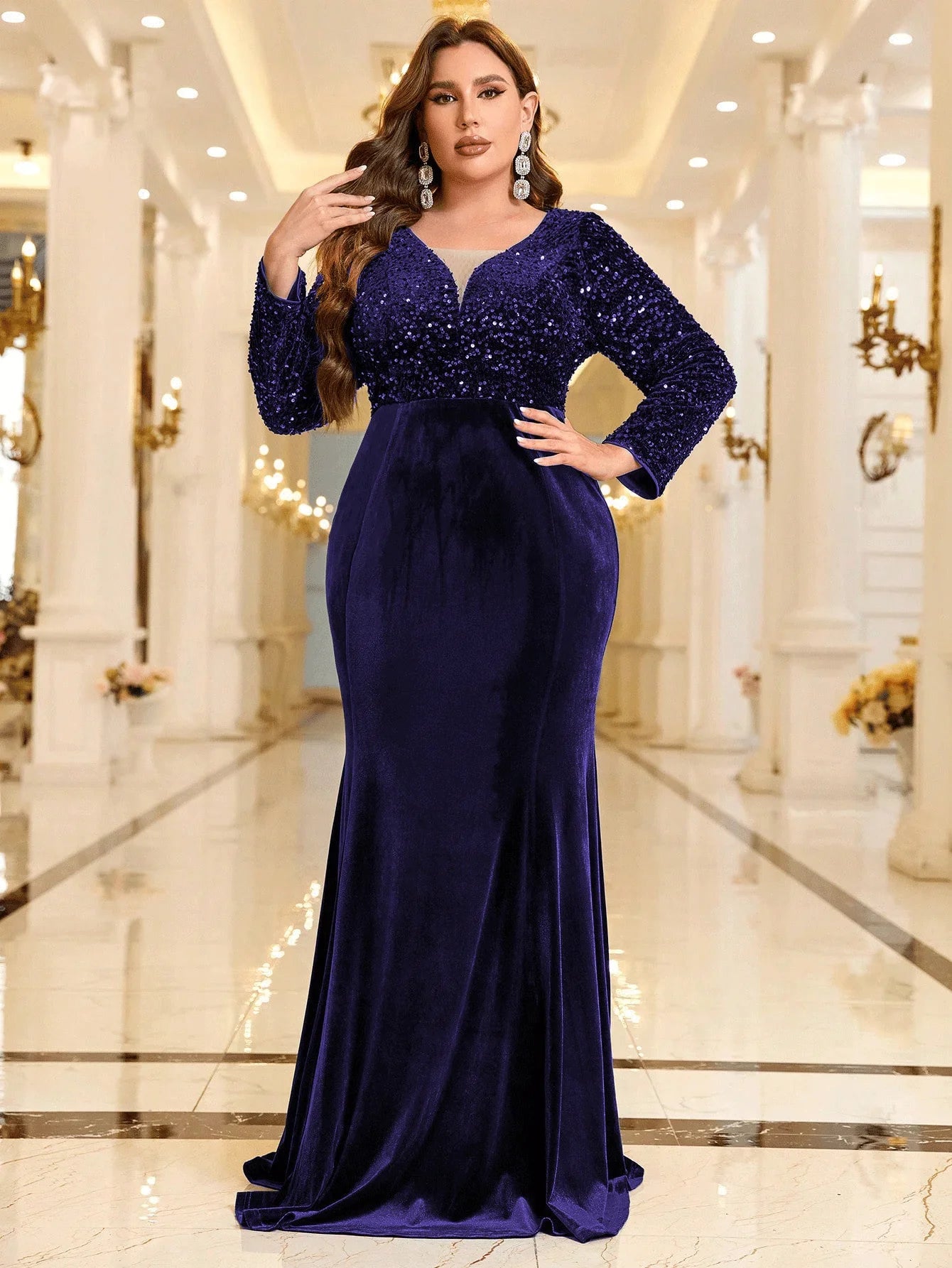 Velvet Sequins Plus Size Formal Dress