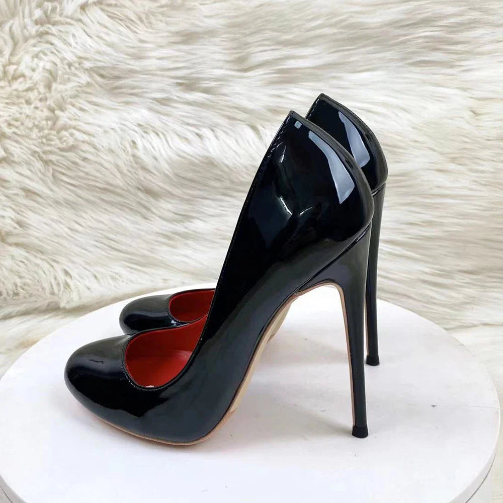 Glossy Black Round Toe High Heels