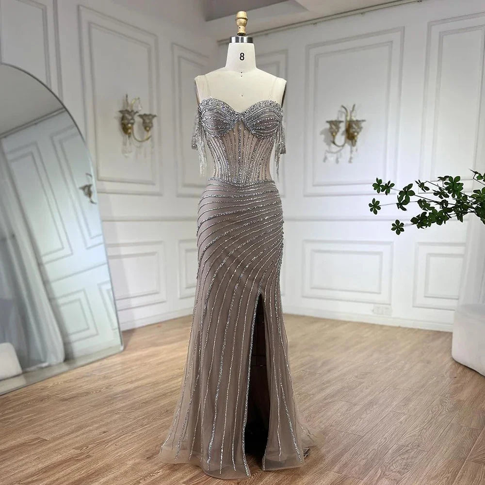 Boat Neck Elegant Beaded Evening Gown