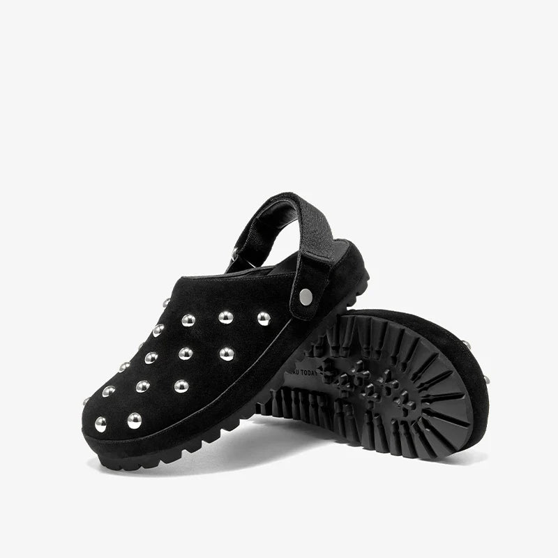 Rivet Decorated Suede Flat Mules