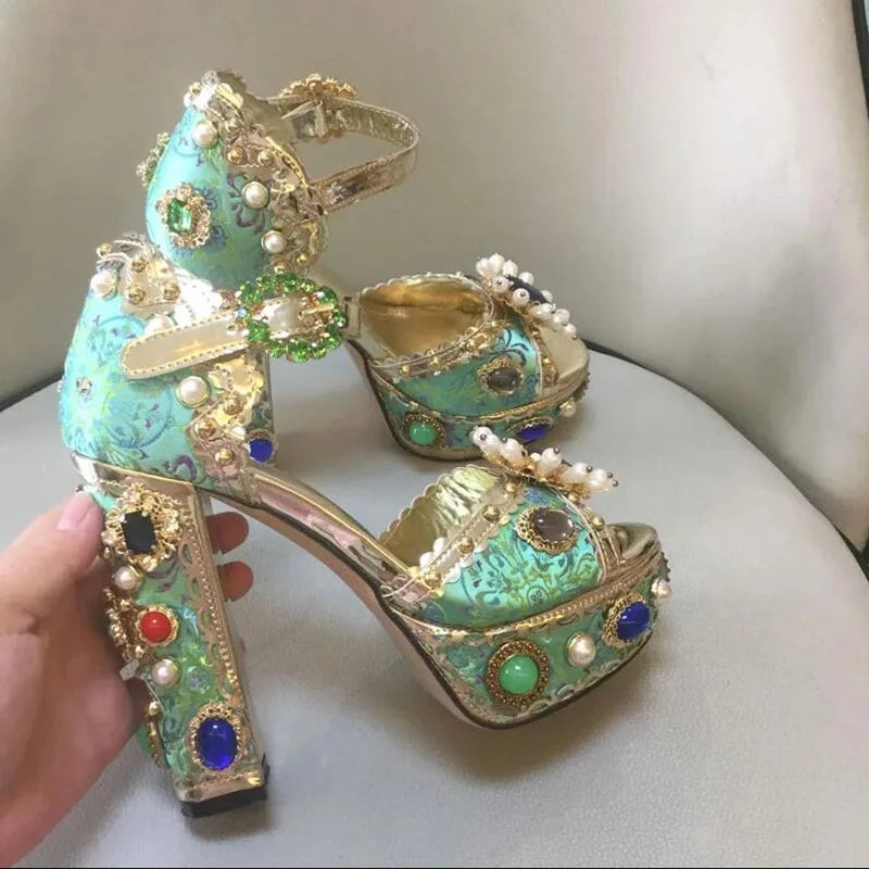 Jewel-Embellished Metallic Platform Sandals