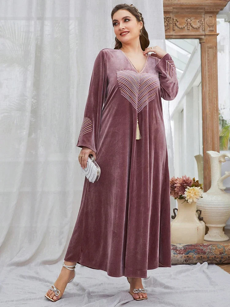 Sophisticated Floral Print Velvet Abaya Dress