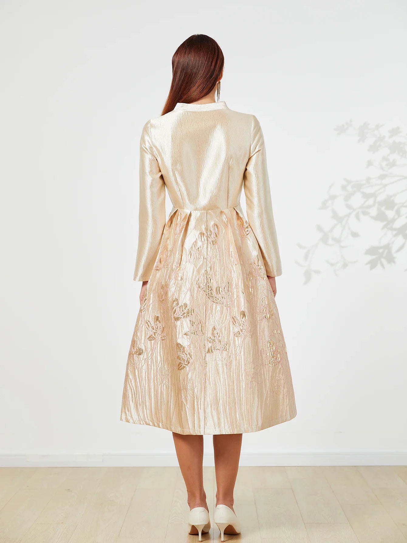 Luxurious Golden Jacquard Midi Skirt Dress