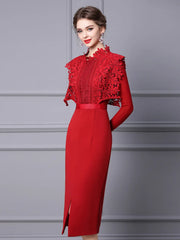 Elegant Hollow Lace Midi Dress