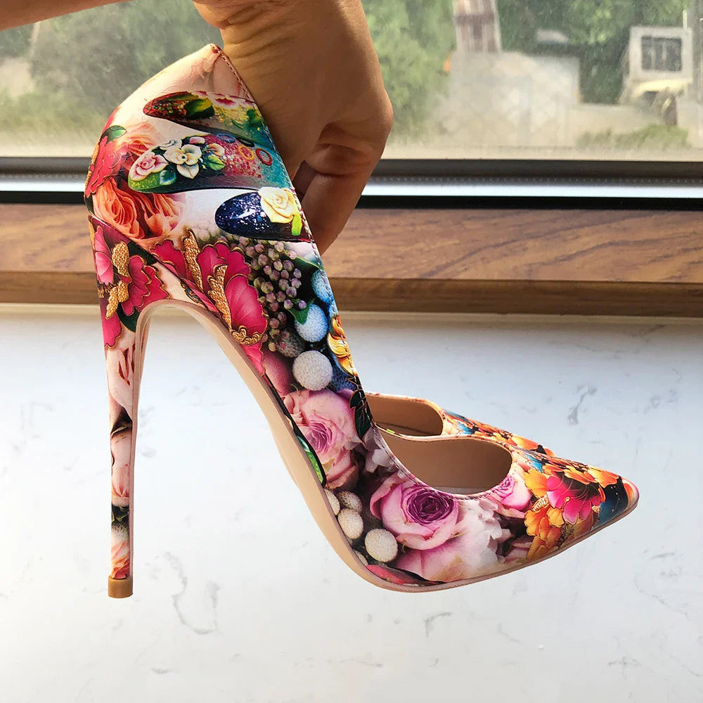 Flower Embossed Printed Women's High Heel Stiletto Pumps