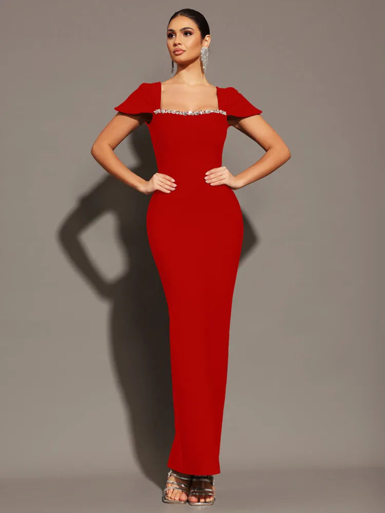 Glamorous Square Collar Diamond Maxi Dress