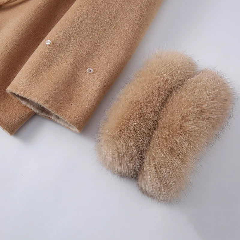 Real Fur Cuff Cashmere Wool Coat