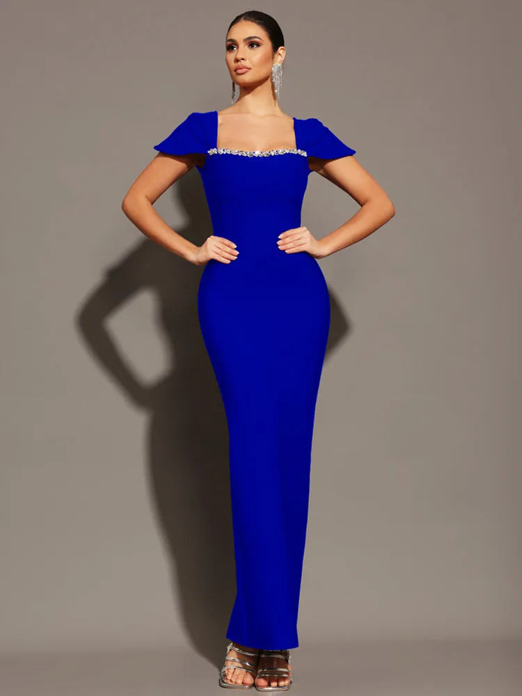 Glamorous Square Collar Diamond Maxi Dress