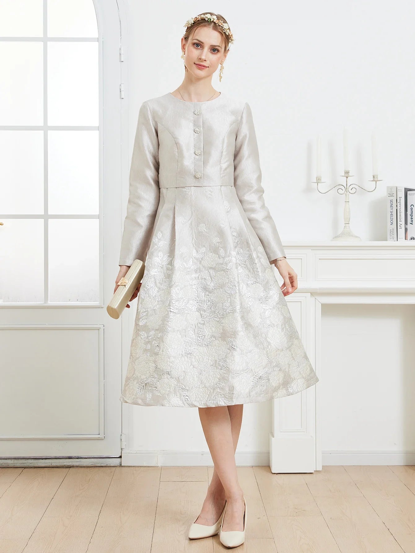 Elegant Floral Embroidery French Midi Gown