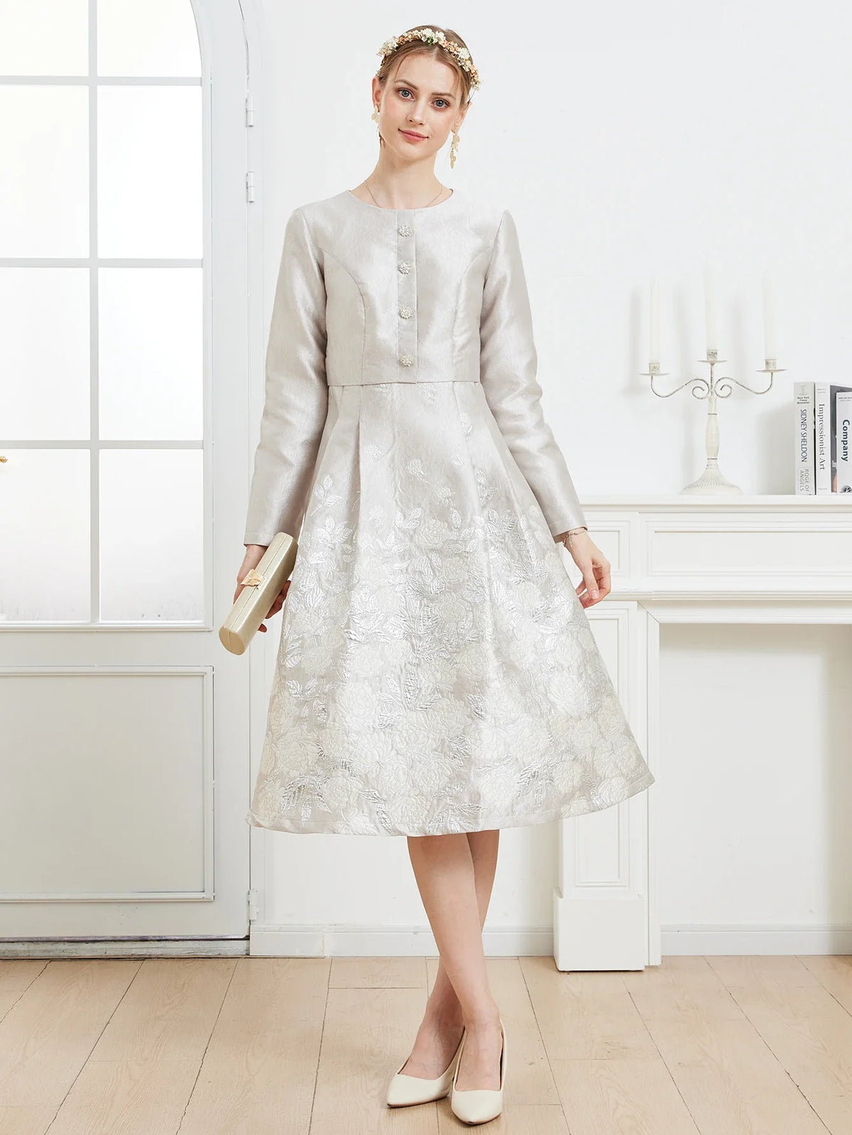 Elegant Floral Embroidery French Midi Gown