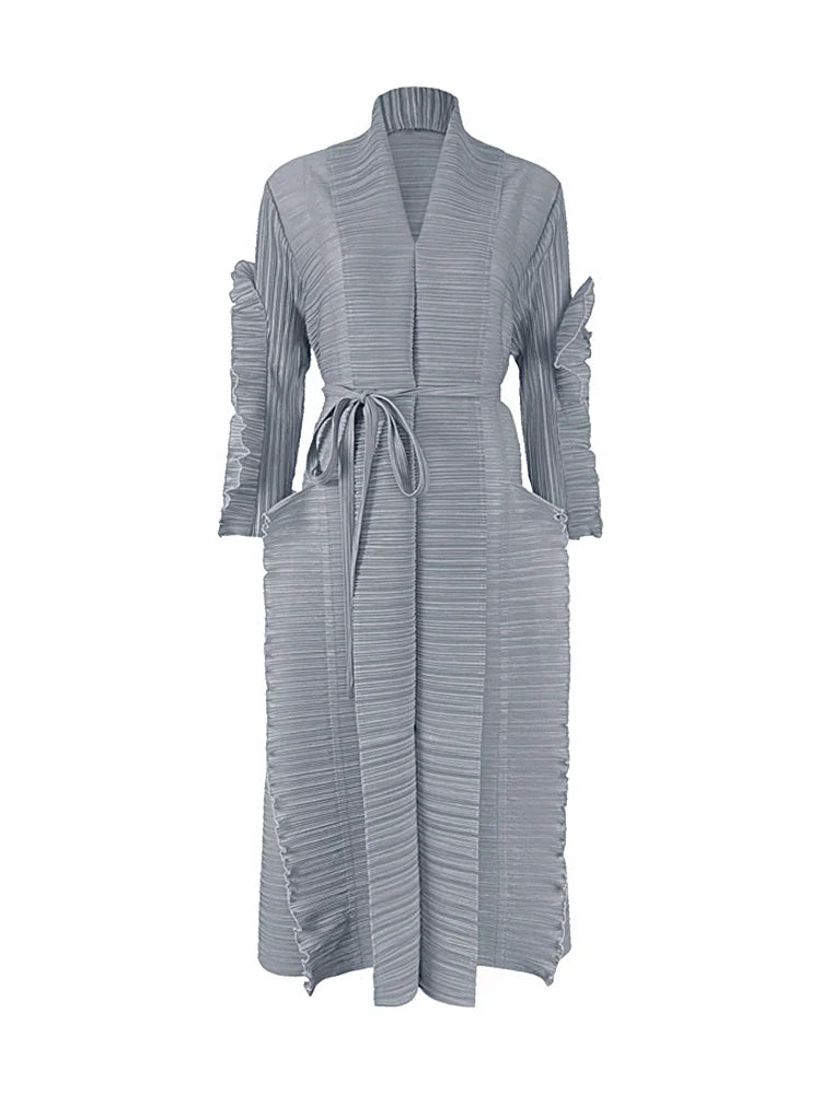 Pleated Sleeve Lapel Cardigan Dress