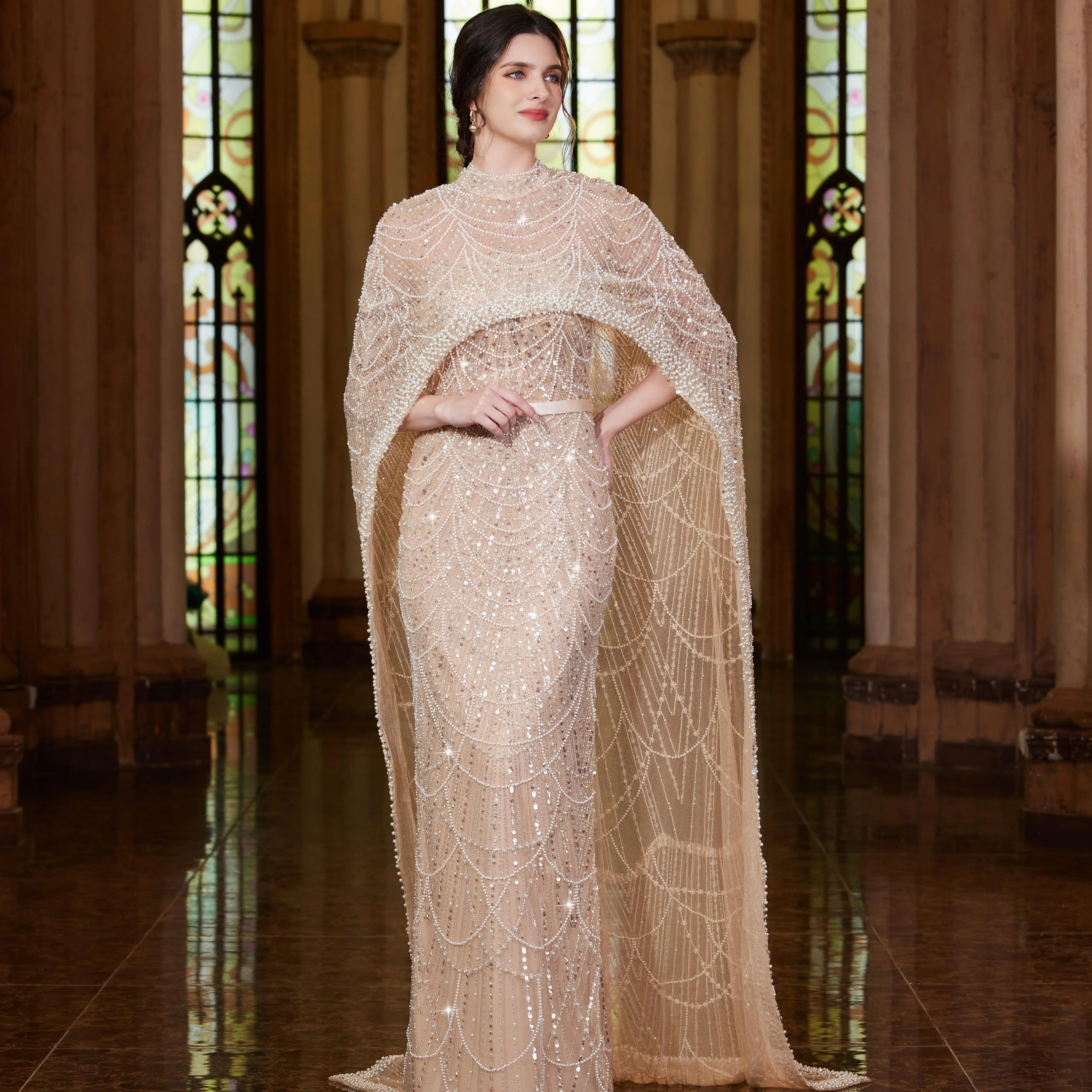 Cape Long Sleeves Arabic Party Gown