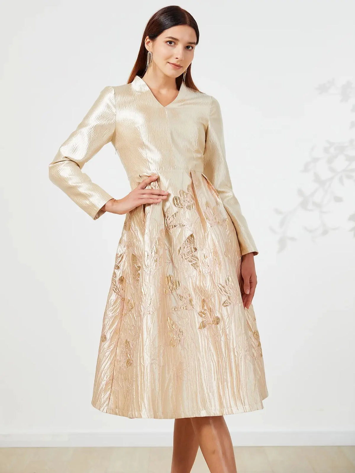 Luxurious Golden Jacquard Midi Skirt Dress
