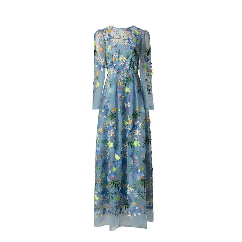 Mesh Flower Embroidered Long Sleeve Dress