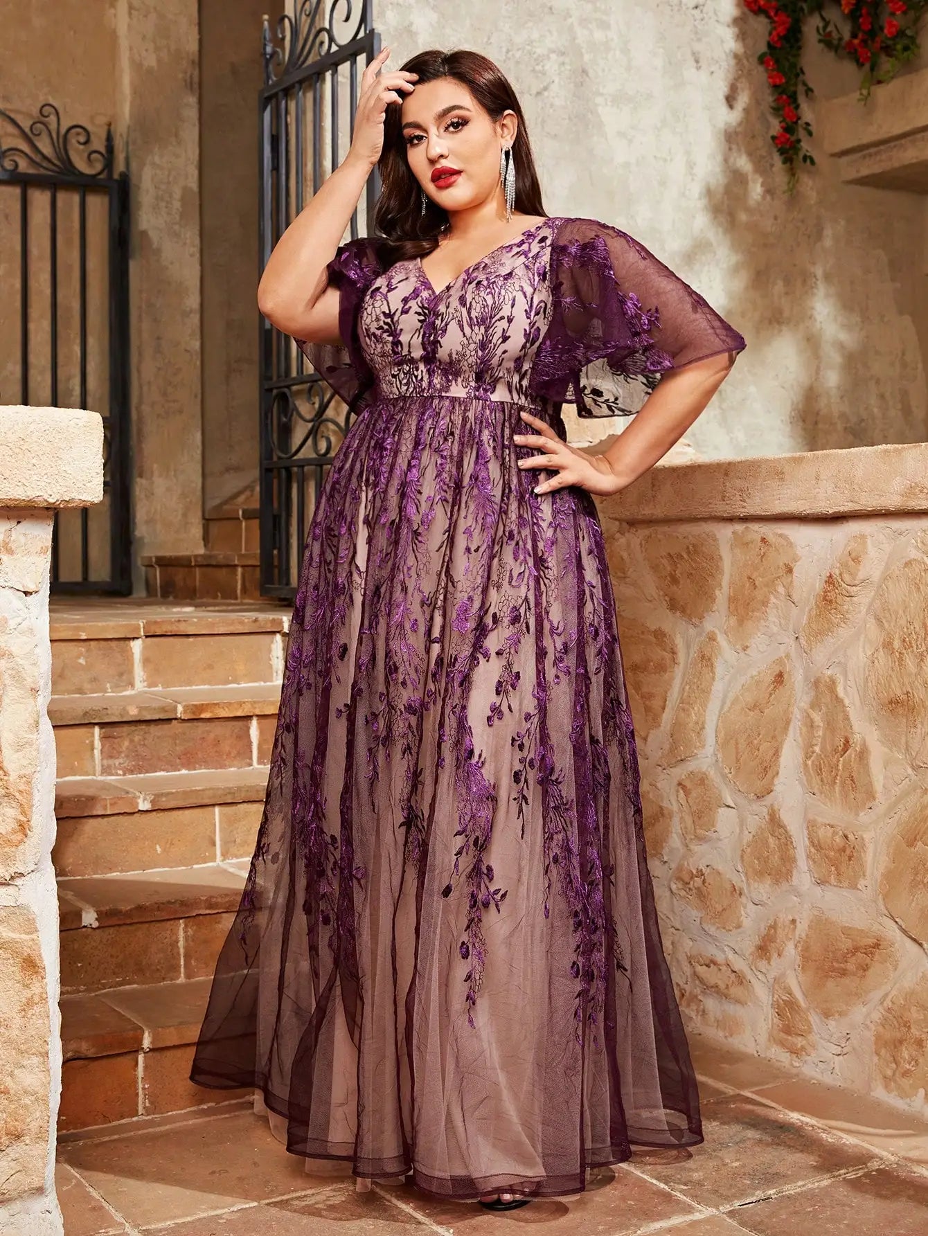 Mesh Trumpet Sleeves Ball Gown Dress
