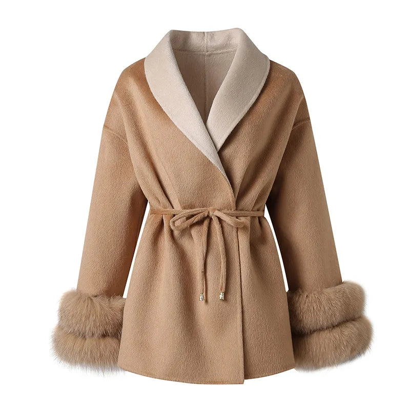 Real Fur Cuff Cashmere Wool Coat