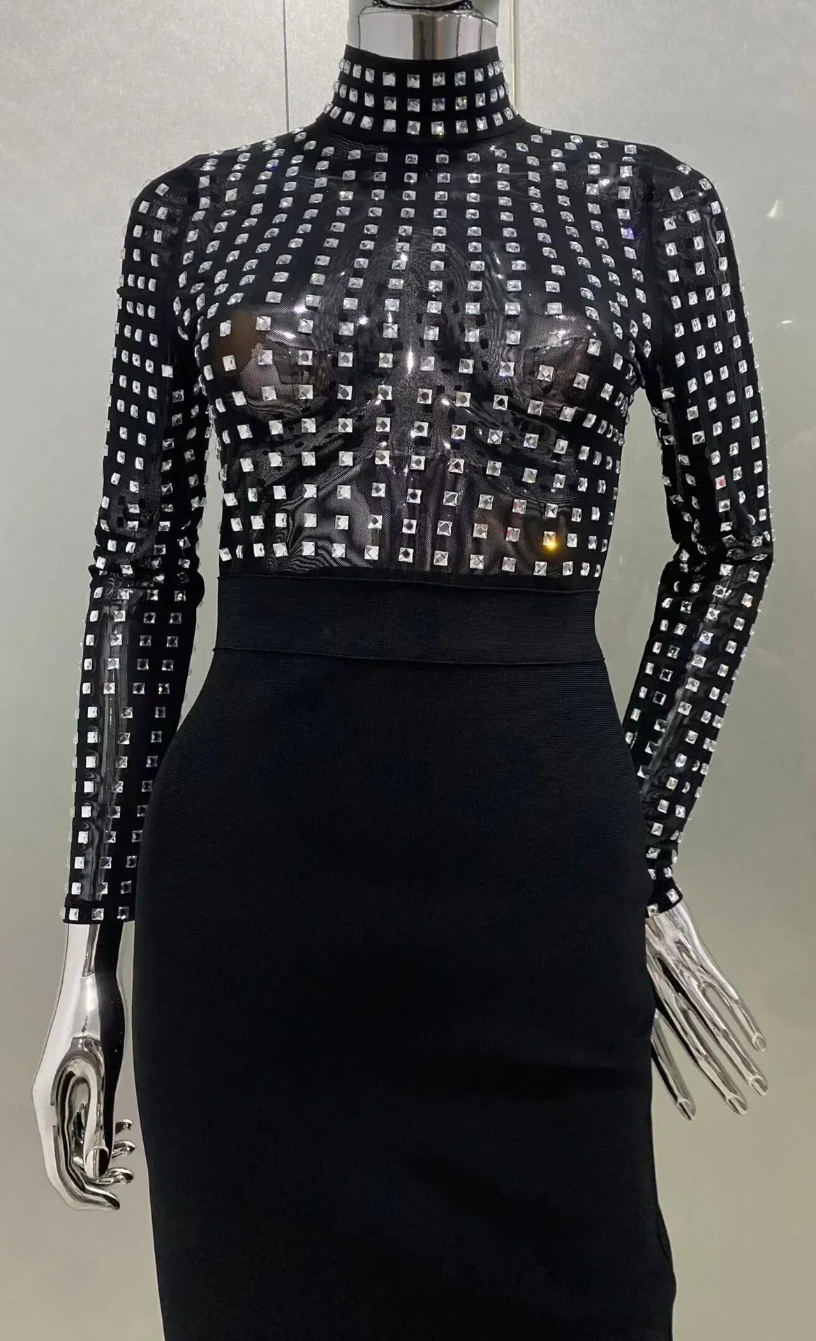 Rhinestones Turtleneck Midi Bodycon Dress