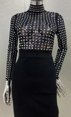 Rhinestones Turtleneck Midi Bodycon Dress