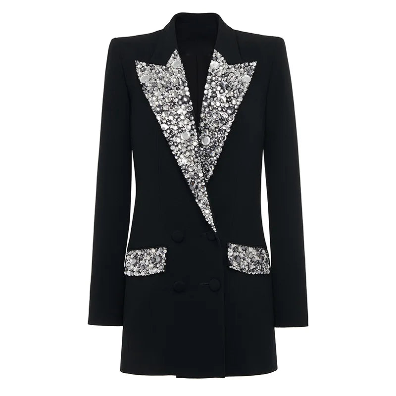 Notched Shiny Rhinestone Blazer