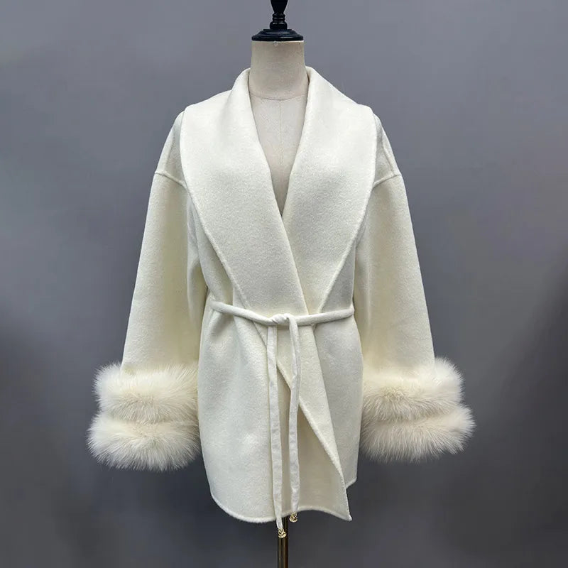Real Fur Cuff Cashmere Wool Coat