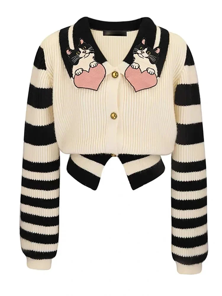 Striped Cartoon Embroidered Knit Cardigan