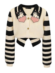 Striped Cartoon Embroidered Knit Cardigan
