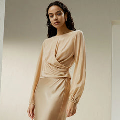 Puffed Sleeves Silk Nipped Waist Blouse