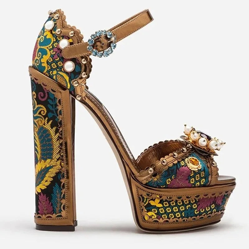 Jewel-Embellished Metallic Platform Sandals