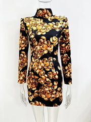 High Collar Mini Velvet Dress