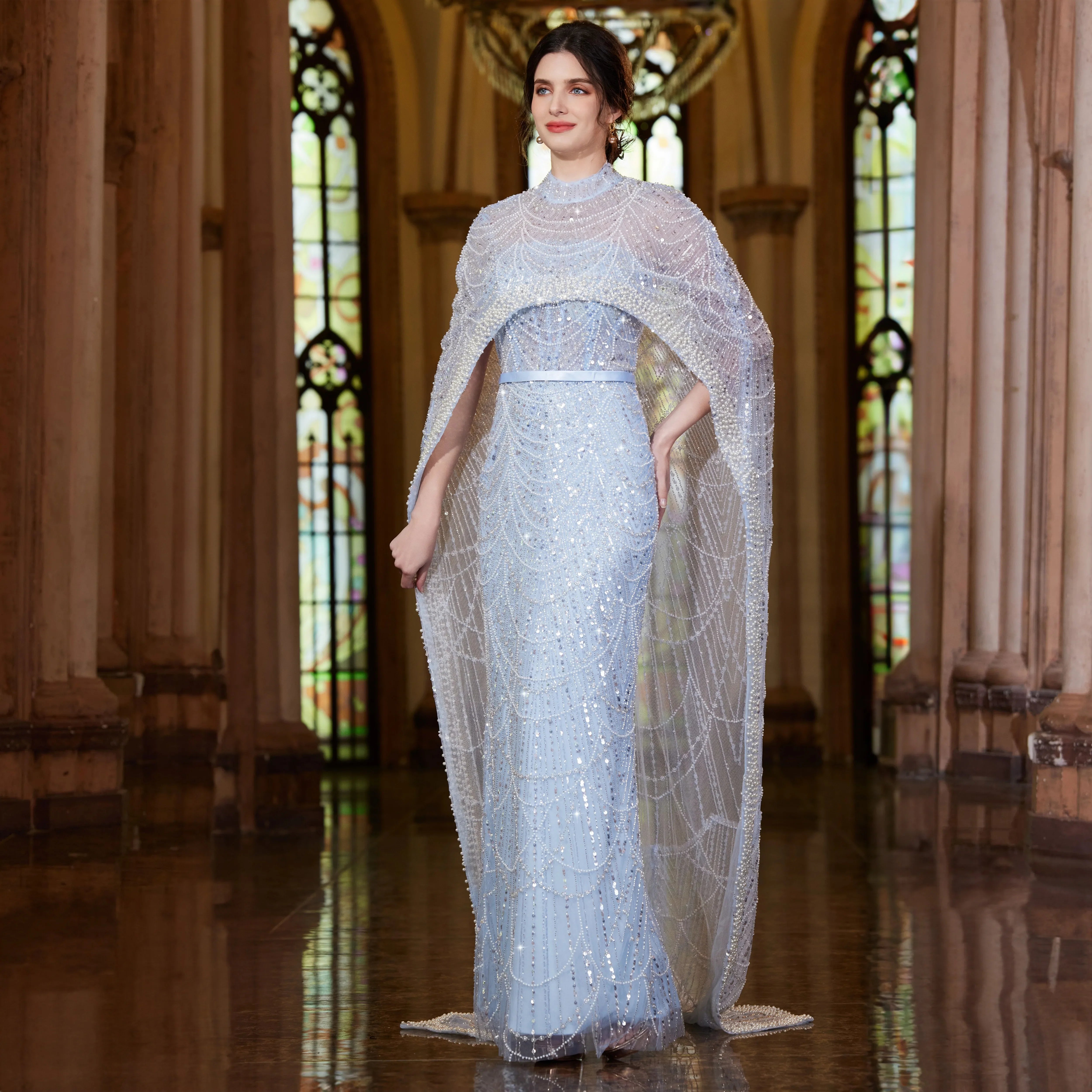 Cape Long Sleeves Arabic Party Gown