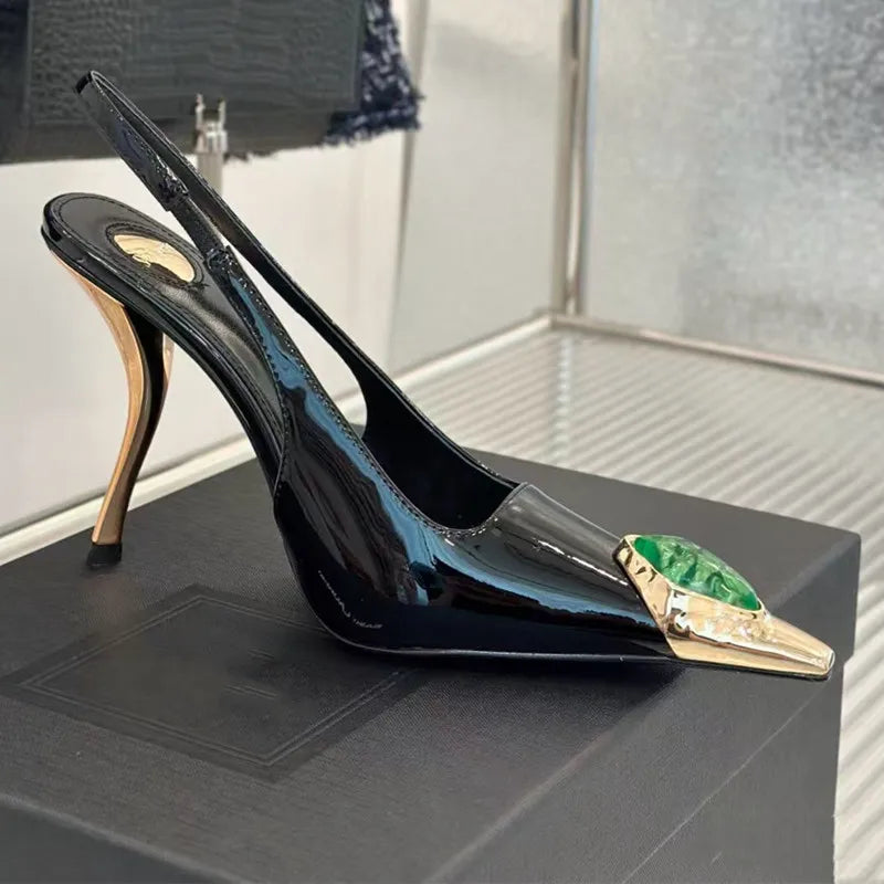 Gemstone Metal Toe Slingback Pumps