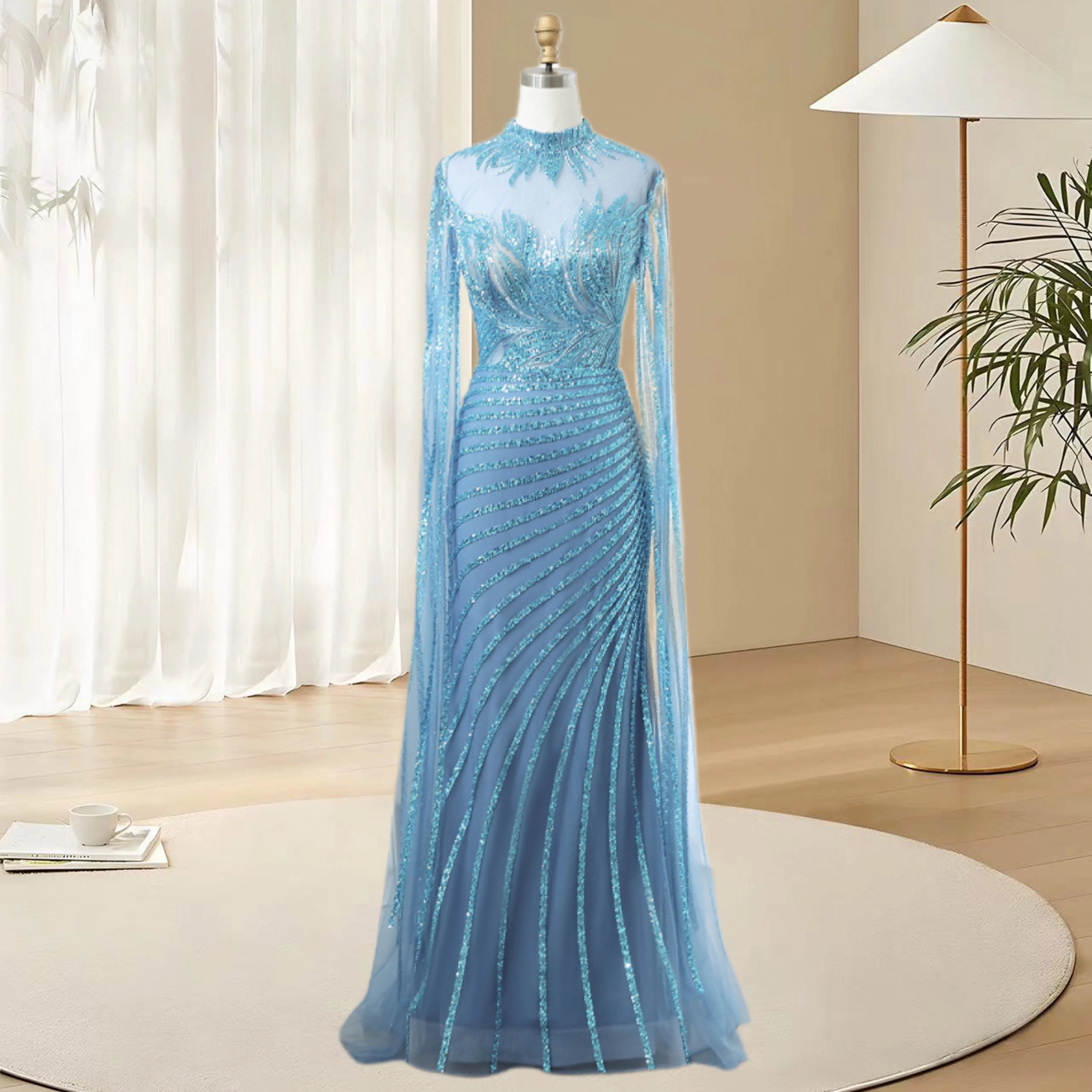 Elegant Beaded Cape Sleeves Evening Gown