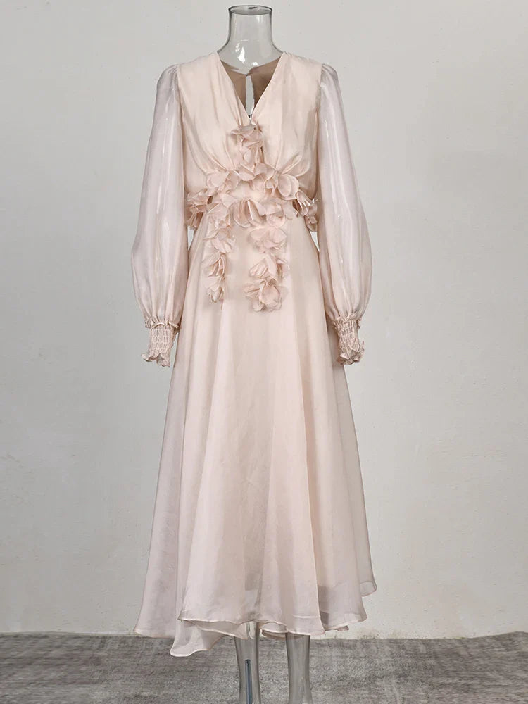 Flower Spliced Lower V-neck Formal Dress