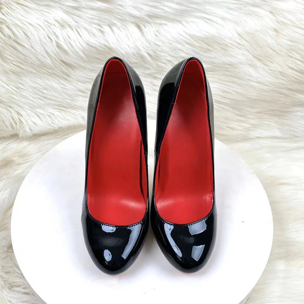 Glossy Black Round Toe High Heels