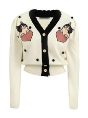 Striped Cartoon Embroidered Knit Cardigan