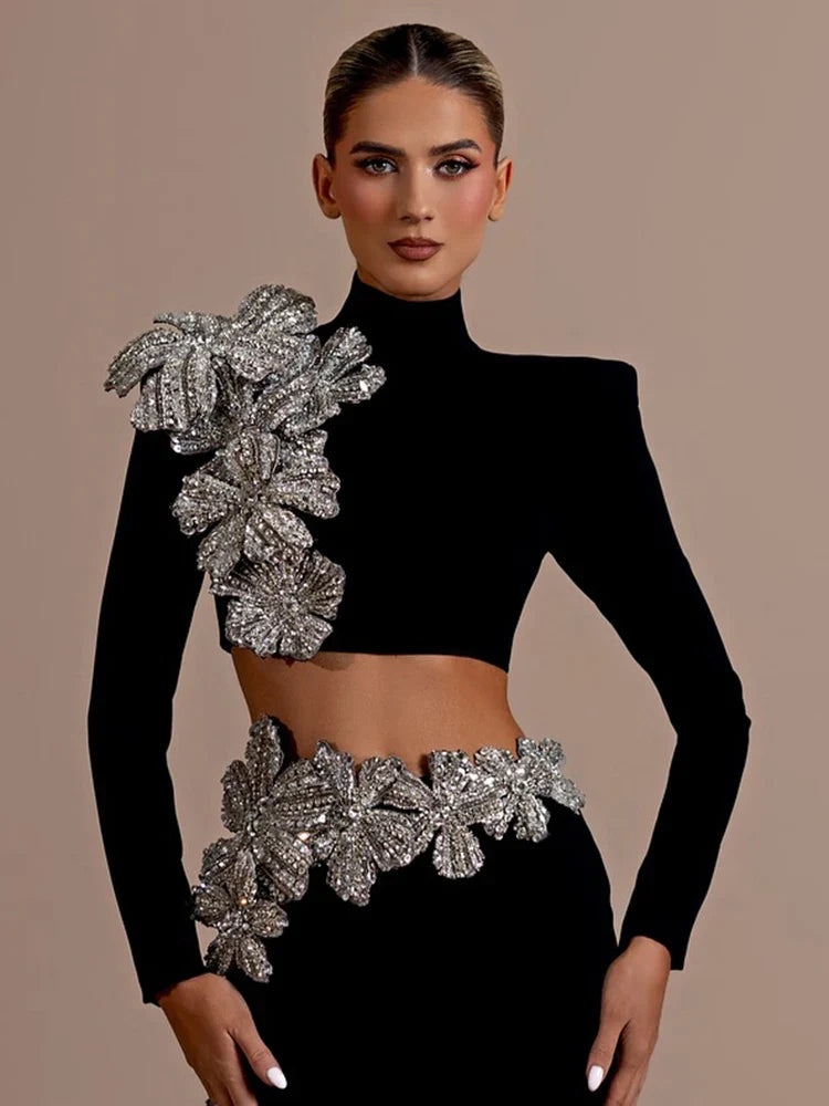 Diamonds Flowers Two Pieces Maxi Skirt Dress